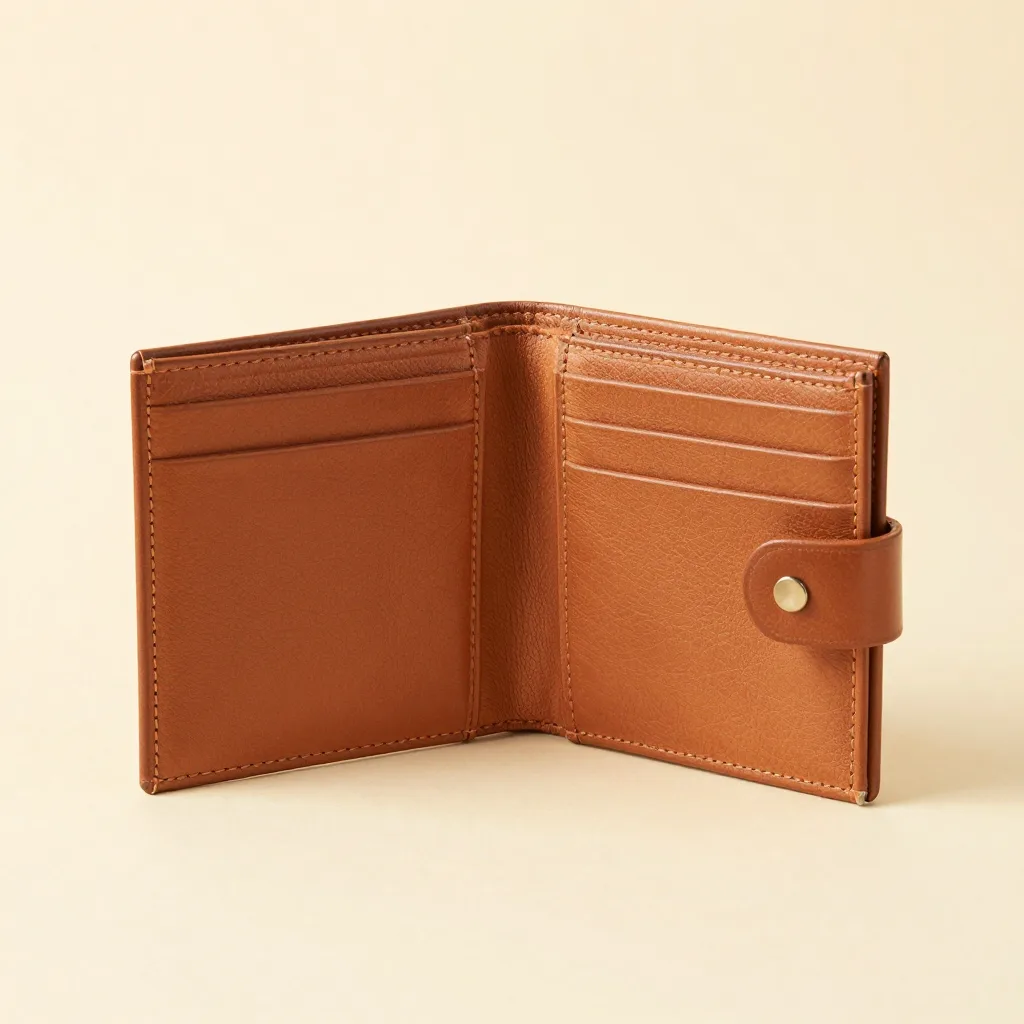 A tan Tuscan bifold leather wallet on a light background