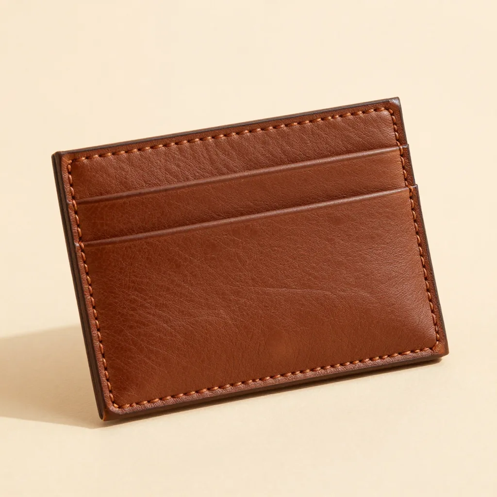 A brown Tuscan leather card holder on a light background