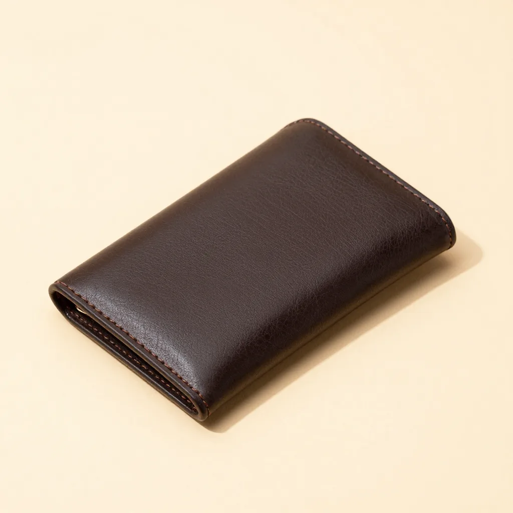 A dark Tuscan long leather wallet on a light background