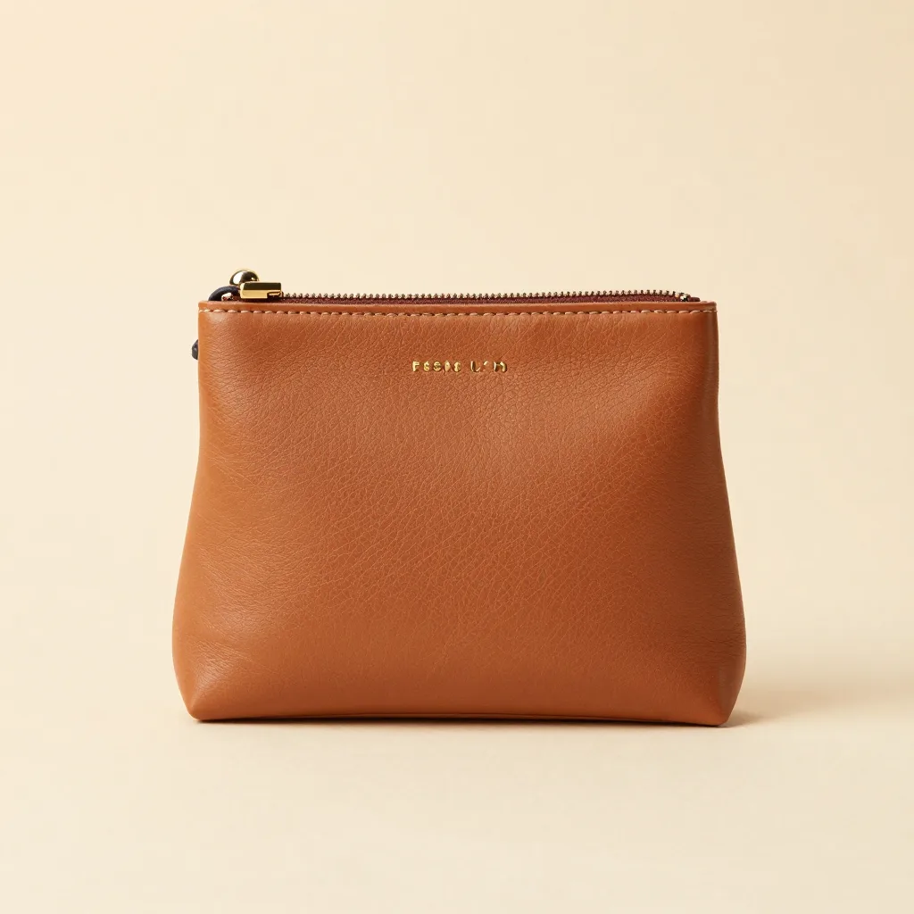 A tan Tuscan leather coin purse on a light background