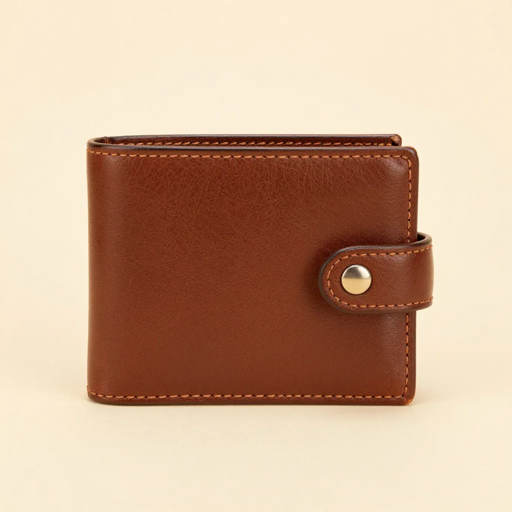 A brown Tuscan bifold leather wallet on a light background