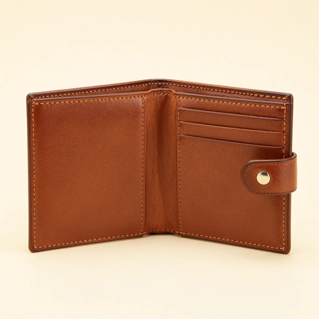 A natural Tuscan bifold leather wallet on a light background