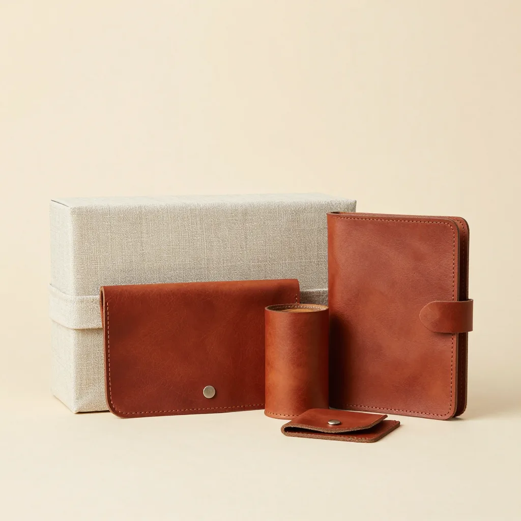 A Tuscany gift set of leather pieces in a linen wrap on a light background
